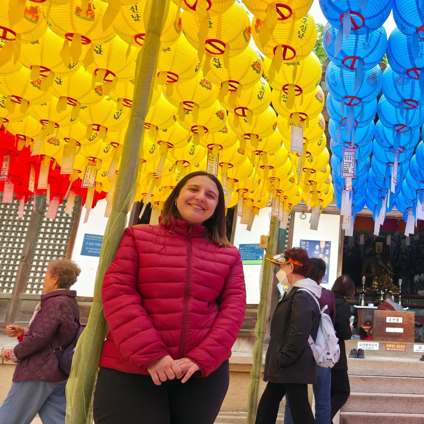 Viajera de Korea Tour bajo los faroles de loto del cumpleaños de Buda, en un templo de Busan.